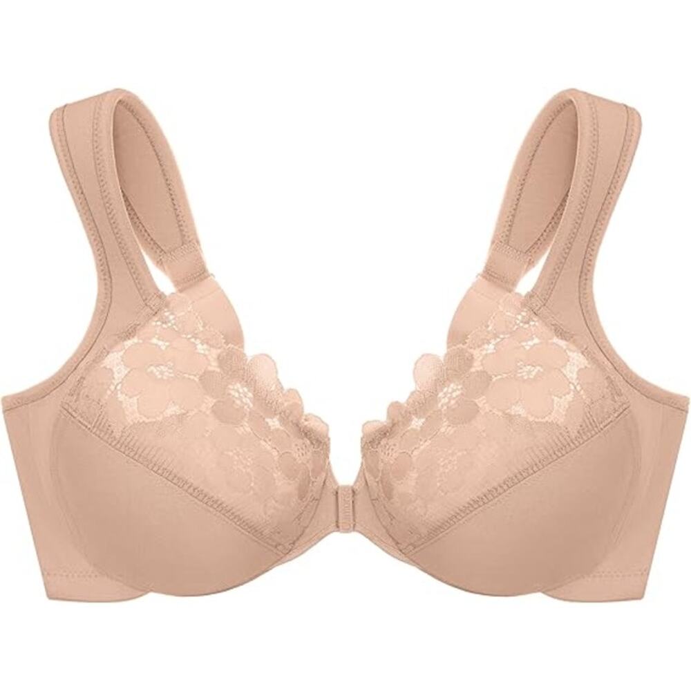 New Glamorise Womens Size 38DD Unlined Underwire Floral Lace Front Closure Bra